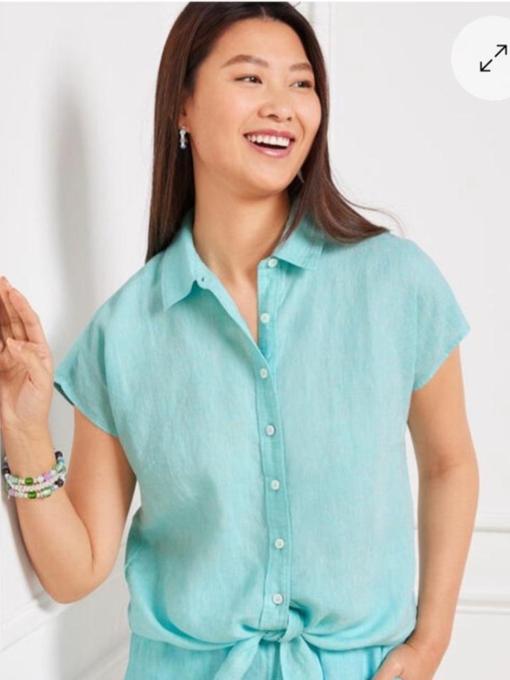 Talbots Linen Tie Hem Button Front Top Down in Blue Size
